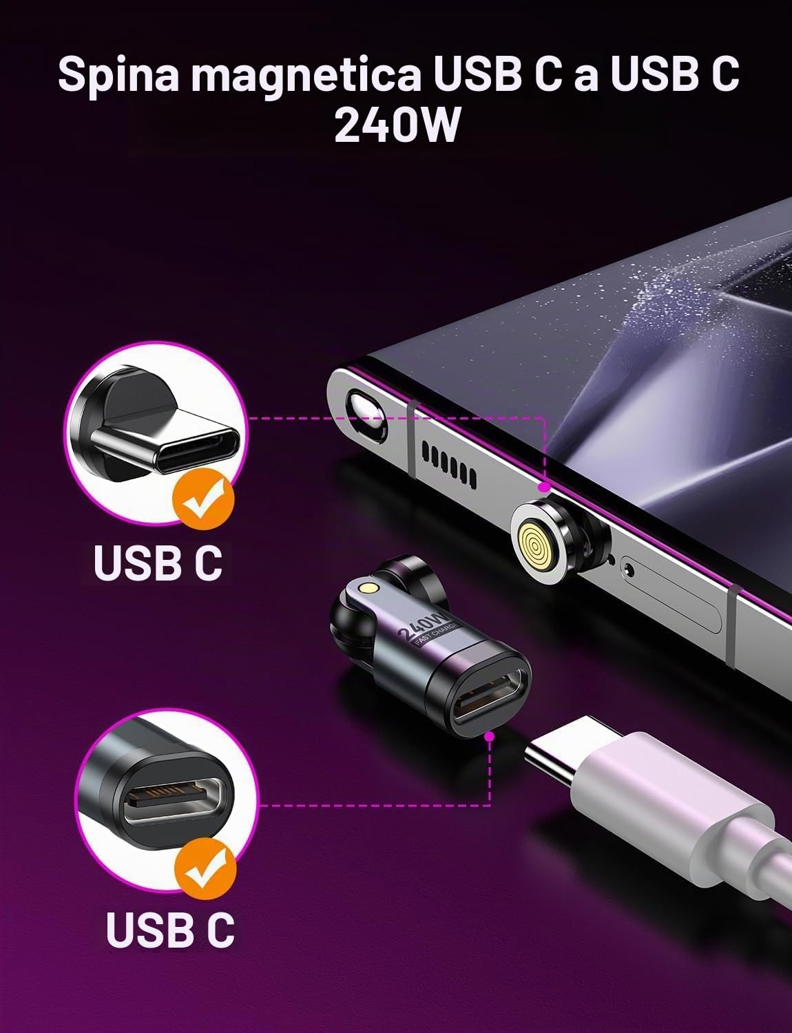 VAFOTON Adattatore Magnetico USB C 240W, Adattatore Magnetico USB C a 9 Pin (Confezione da 2), Rotazione di 540°, Supporta PD 240W 5A Ricarica Rapida, Trasferimento Dati, per MaBook Pro/Laptop