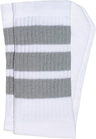 SKATERSOCKS One Pair of American-Made Mid Calf White Tube Socks with Grey Stripes - Style 1