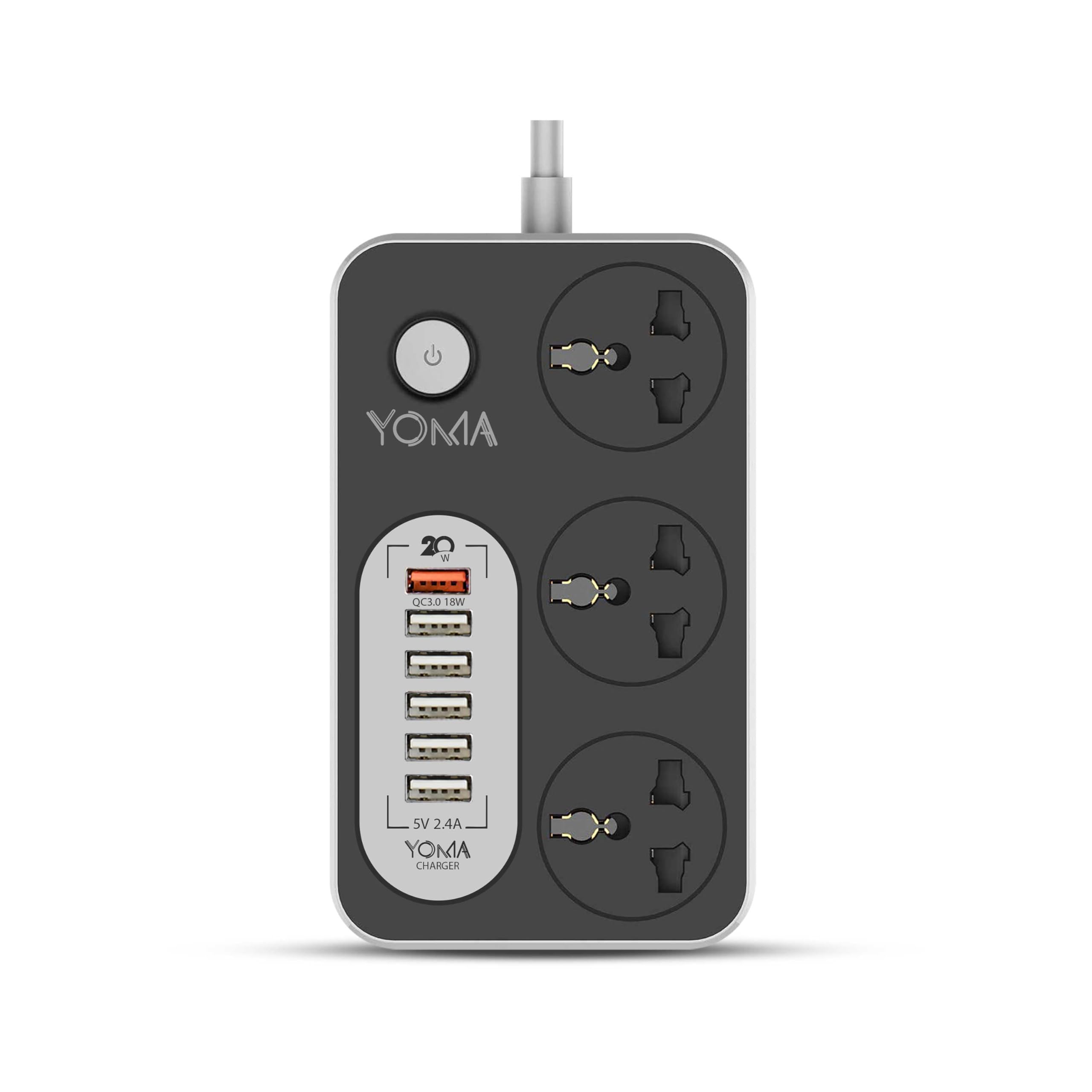Yoma WS3010UK Three Triple Socket Electrical UK Plug Strip Quality Wire With Six USB Outlets 2 M Wire Length - Grey