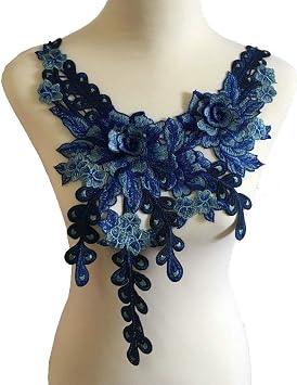 Blue Navy Embroidered Lace Neckline Collar Warm Tones Floral Brown Leaf Applique Patches Scrapbooking Embossed Sewing