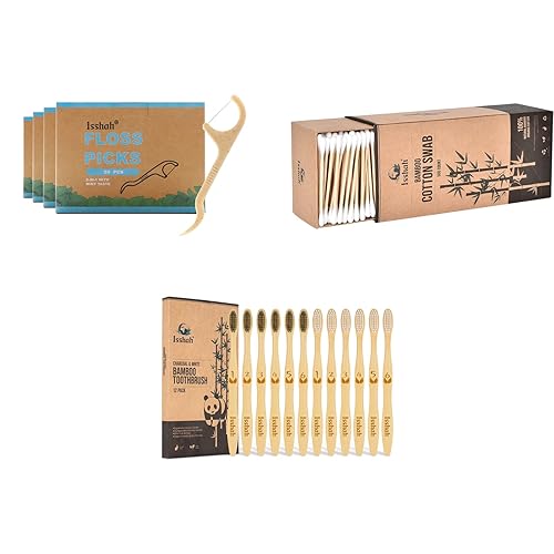 Hisopos de algodón de bambú, 500 unidades y cepillos de dientes de bambú, paquete de 4 y púas de hilo dental natural, 200 unidades