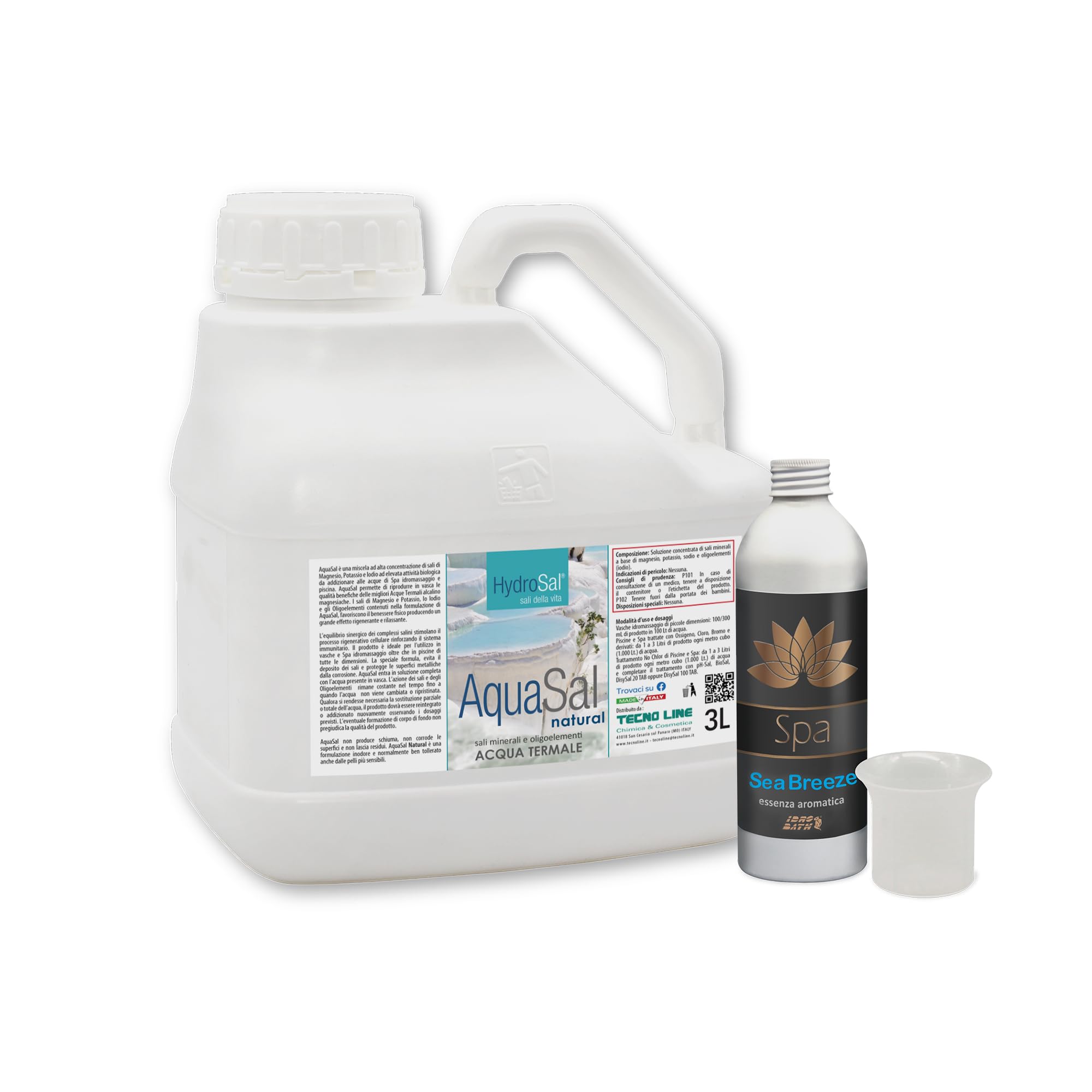 HydroSal Set AquaSal Natural 3 Lt+Parfum Sea Breeze Spa 250 ml+Doseur, Mélange à Haute Concentration de Sels de Magnésium, Potassium et Iode Associé à la Parfum pour Spa Hydromassage/Piscine