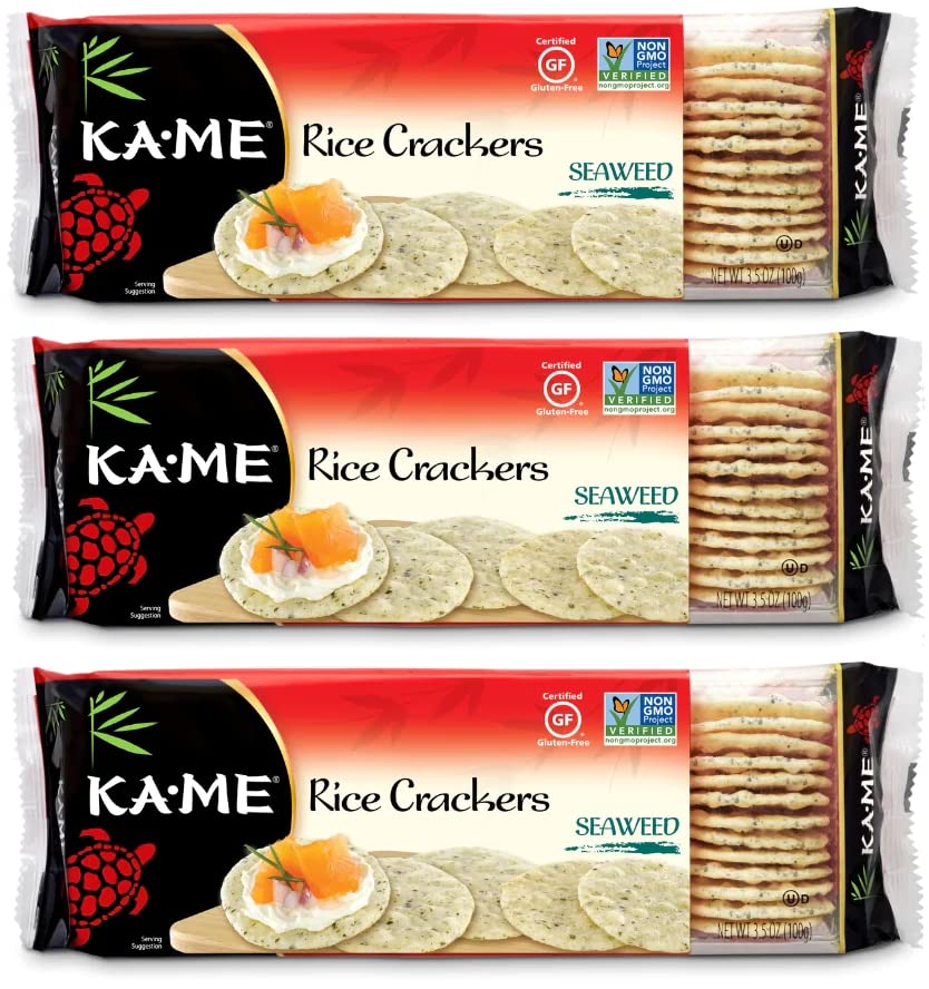 KA-ME Galletas de arroz de algas marinas de 3.5 onzas, ingredientes asiáticos auténticos, certificadas sin gluten, sin saborescolores artificiales,