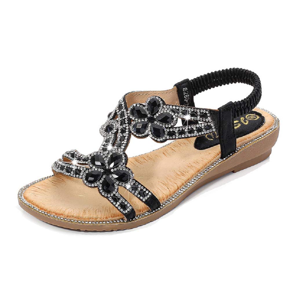 Yicornchen Women's T-Strap Beaded Flower Rhinestone Flat Sandals Dress Beach Shoes