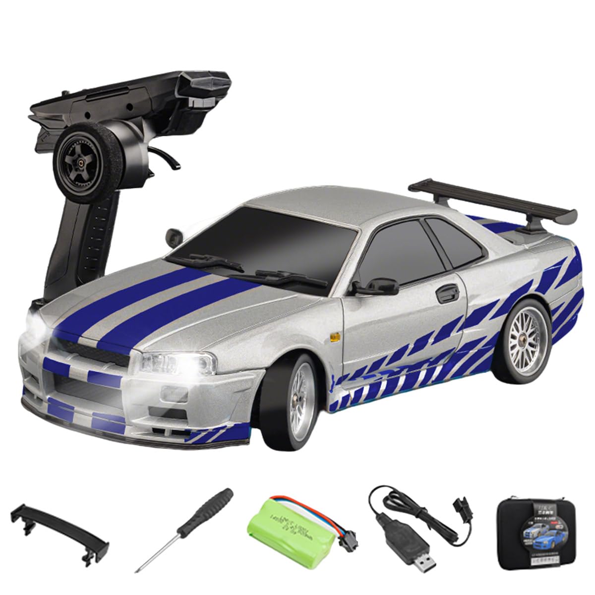 RC Drift Car z żyroskopem, skala 1/18, 2,4 G, 3-kanałowy, metalowy nadwozie, model samochodu z podnoszonymi reflektorami, świetny prezent dla nastolatków i dorosłych (wersja gyro RTR/srebrny)