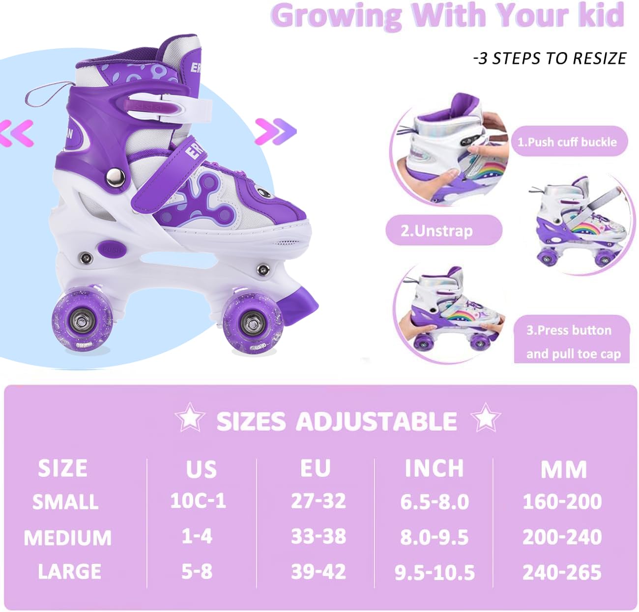 ERNAN Patines para niños, 8 Ruedas iluminadas y 4 tamaños Ajustables. Patines para niños Principiantes, adecuados para Interiores y Exteriores
