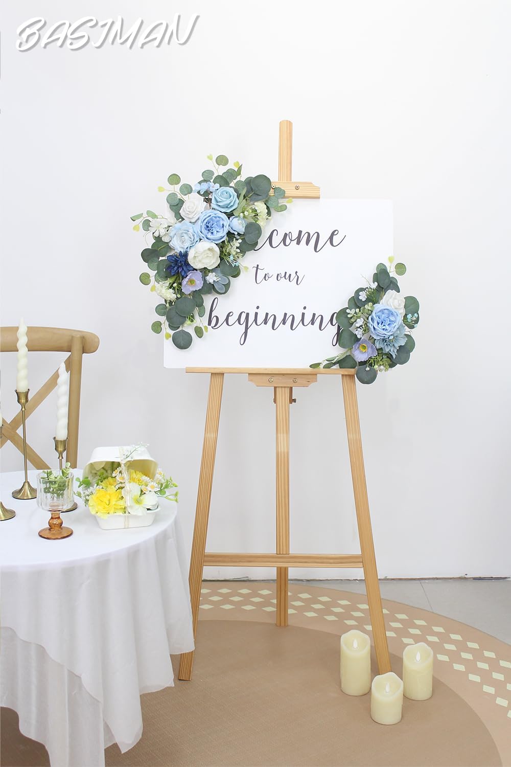 2pcs Wedding Arch Flowers,Wedding Artificial Sign Flower,Welcome Easel Door Decor Wall swags for Reception Backdrop Table Decorations Welcome Sign (Baby Blue)