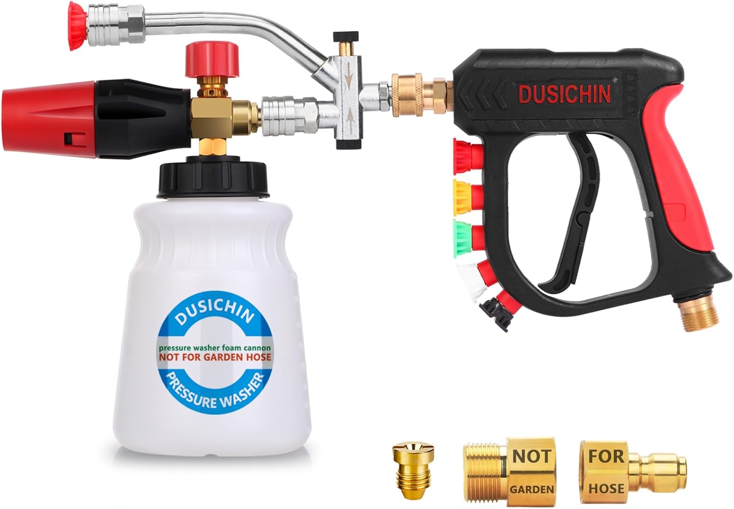 DUSICHIN Pressure Washer Short Gun Foam Cannon 1/4" Quick Connector,Car Wash Foam Gun Kit Dual Connector Accessory,Double Tip Attachment For Soap Cannon with 5 Nozzle Tips DUS2501