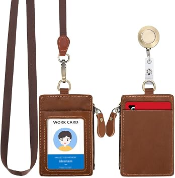 Wonderpool Leather ID Badge Holder with Zipper Wallet Pouch - Card Slots Case Detachable Neck Lanyard and Retractable Badge Reel for Office School Hospital Exhibition ID Light Brown