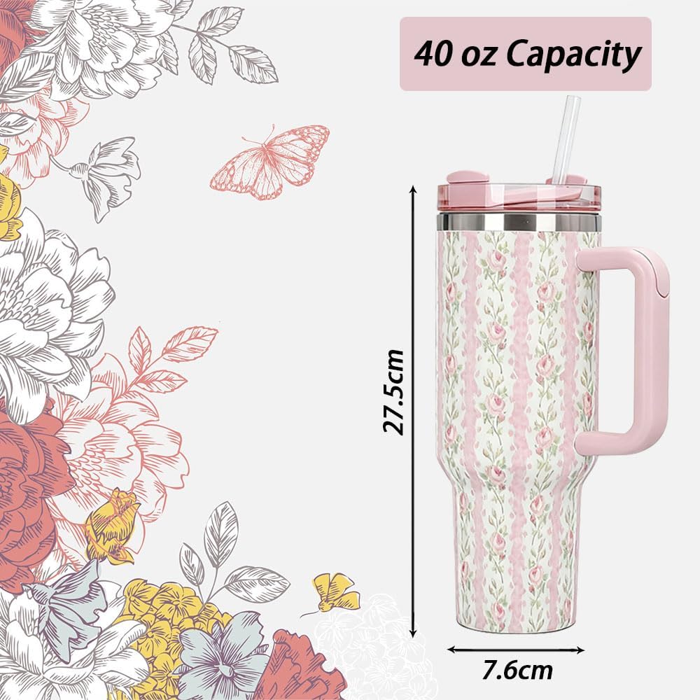40 oz Flower Tumbler with Handle and Straw,Stainless Steel Insluated Cups Reusable Vacuum Travel Coffee Mug,Pink - Image 2
