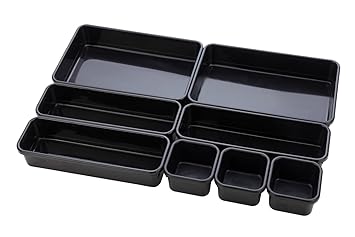 UCRAVO 8pcs Desk Drawer Organizer, Interlocking Desk Drawer Organizer Tray, Plastic Sundries Drawer Storage Box Office Drawer Dividers Storage Bins For Kitchen Bathroom Office Of Different Size-Black - image, photos