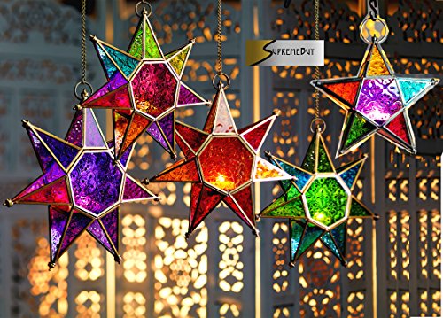Estilo marroquí star farol de cristal para colgar (portavelas)u00a0u0096u00a0hogar y jardín, vidrio, dorado, Large Green/Blue