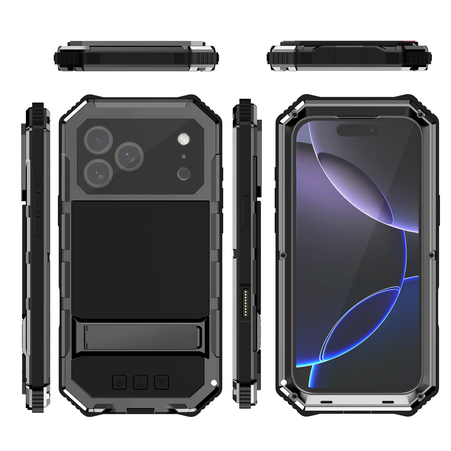 Coque iPhone 17 métal noir antichoc pour éviter les rayures avec support de table
