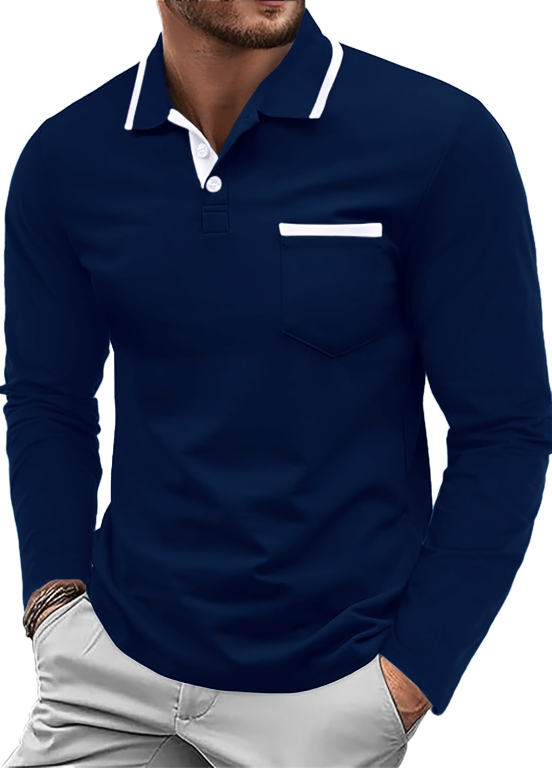 QIXING Herren Langarm Golf Poloshirt - Klassisches Baumwoll-Shirt Mit Brusttasche, Casual T-Shirt Pullover (Marineblau, XXL)