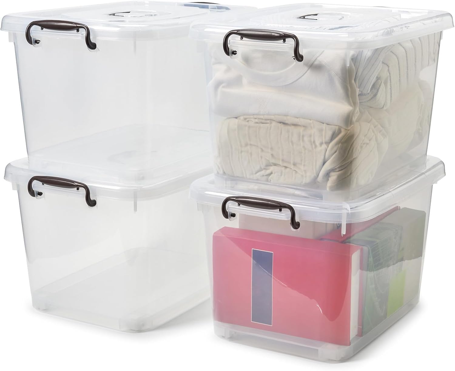SKY-TOUCH 47 Liters Clear Plastic Storage Box with Lockable Lid & Wheels,Plastic Organizer Bin with Handles,48x28x35cm,4pcs