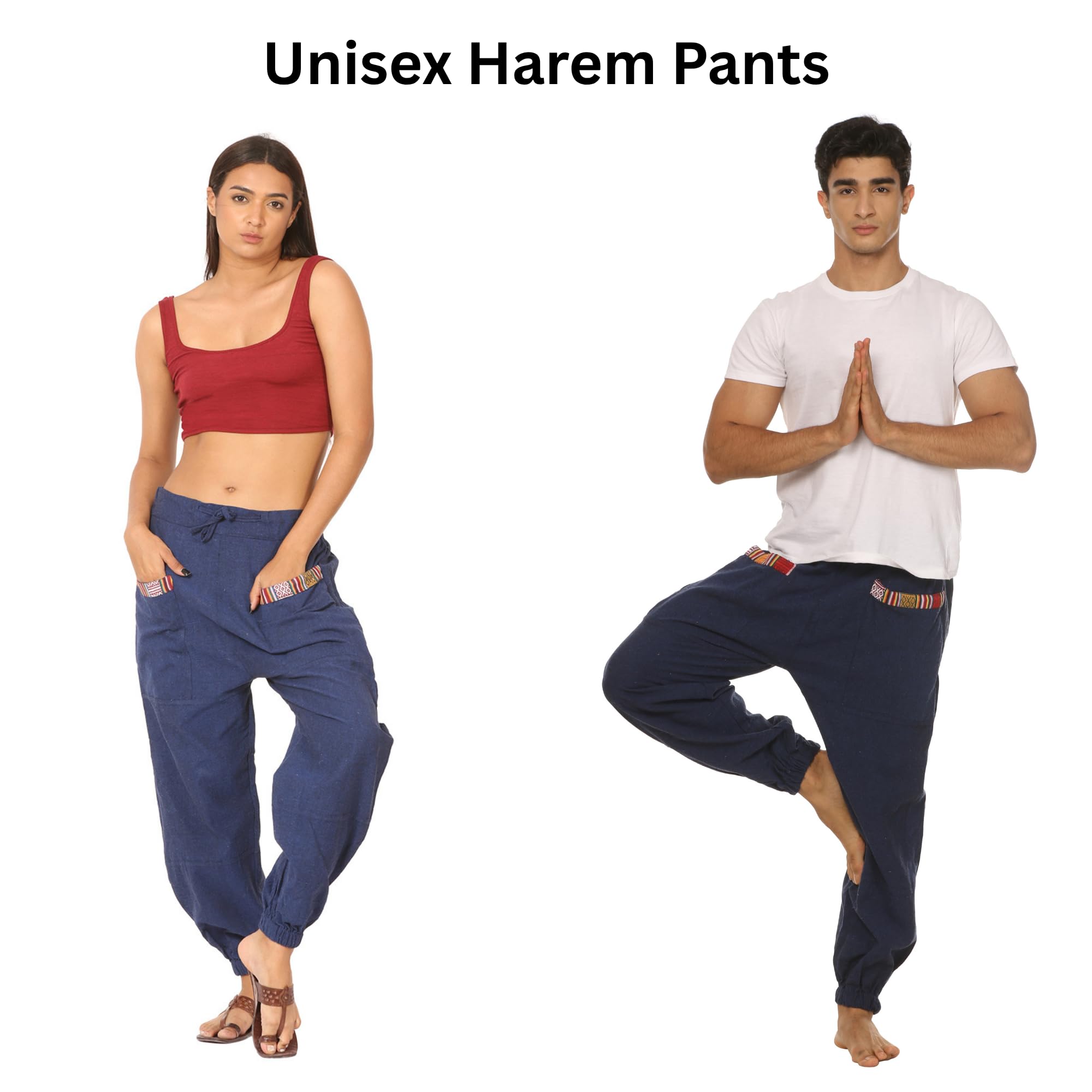 Mantra Vogue Men Women Cotton Linen Baggy Harem Drawstring Yoga Pants, One Size Casual Hippie Trousers with Pockets Dark Blue