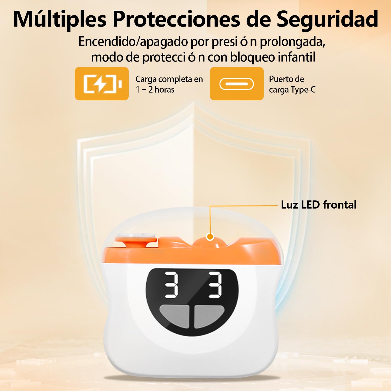 Cortauñas Electrico, 2026 nuevo 3 en 1 Cortaúñas Automático y Pulidor, 3 velocidades Cortauñas Eléctrica Ajustable Automático con Luz LED y Recargable por USB, para bebés, adultos y ancianos - Naranja