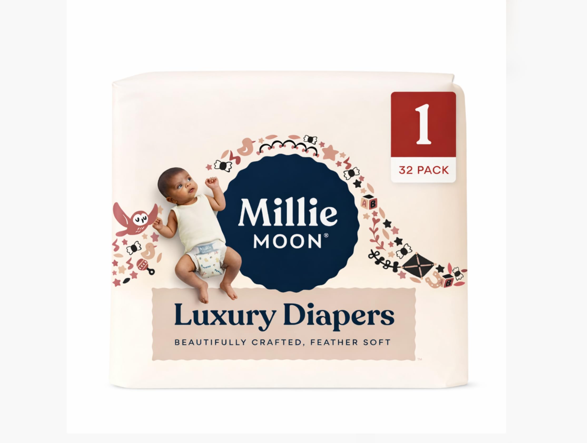 Millie Moon Luxury Disposable Baby Diapers Size 1 (32 Count), Ultra Soft Comfort, Absorbent Core for Day & Night Use, Wetness Indicator, Gentle Materials, Secure Fit