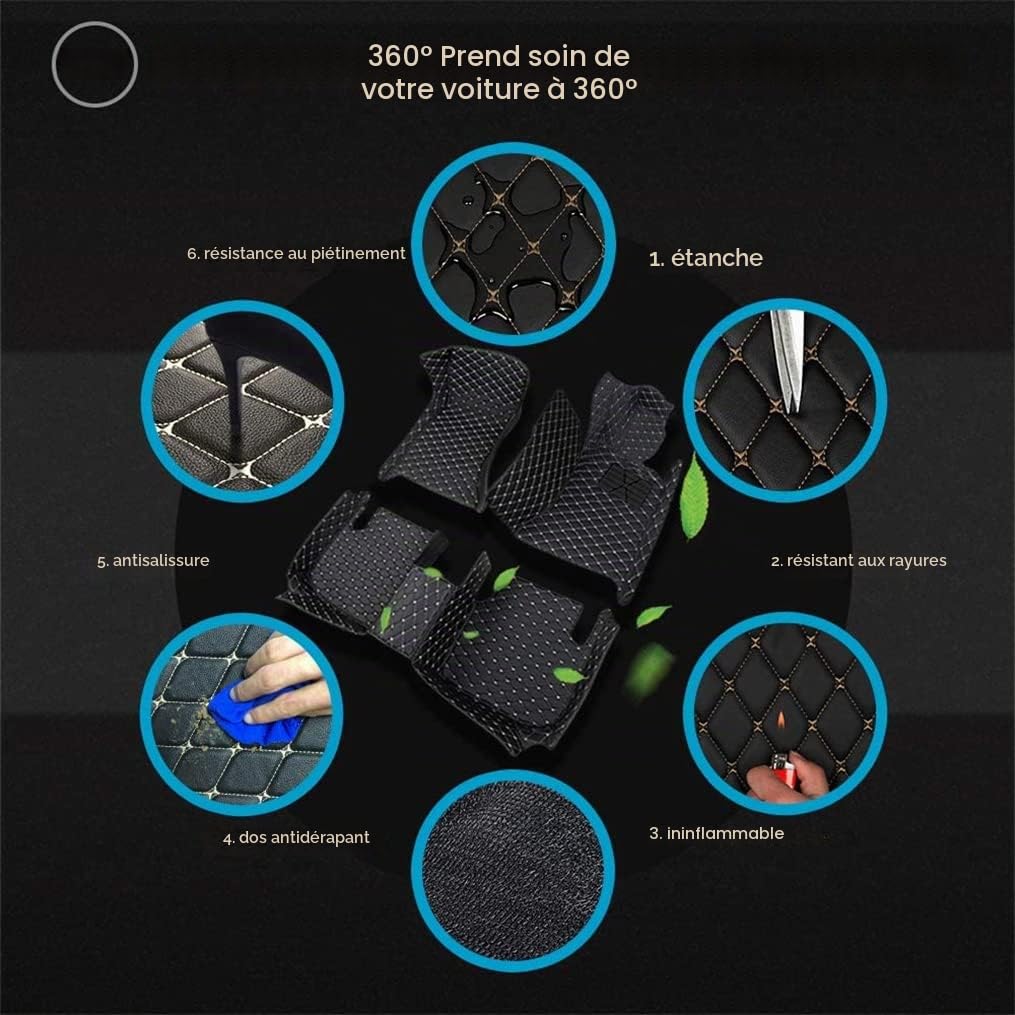 Les Tapis de Sol sur Mesure de Blackwheel sont compatibles à 99% avec Tous Les modèles de Voitures, fabriqués en Cuir imperméable et antidérapant, et Peuvent être personnalisés (Orange et Noir).
