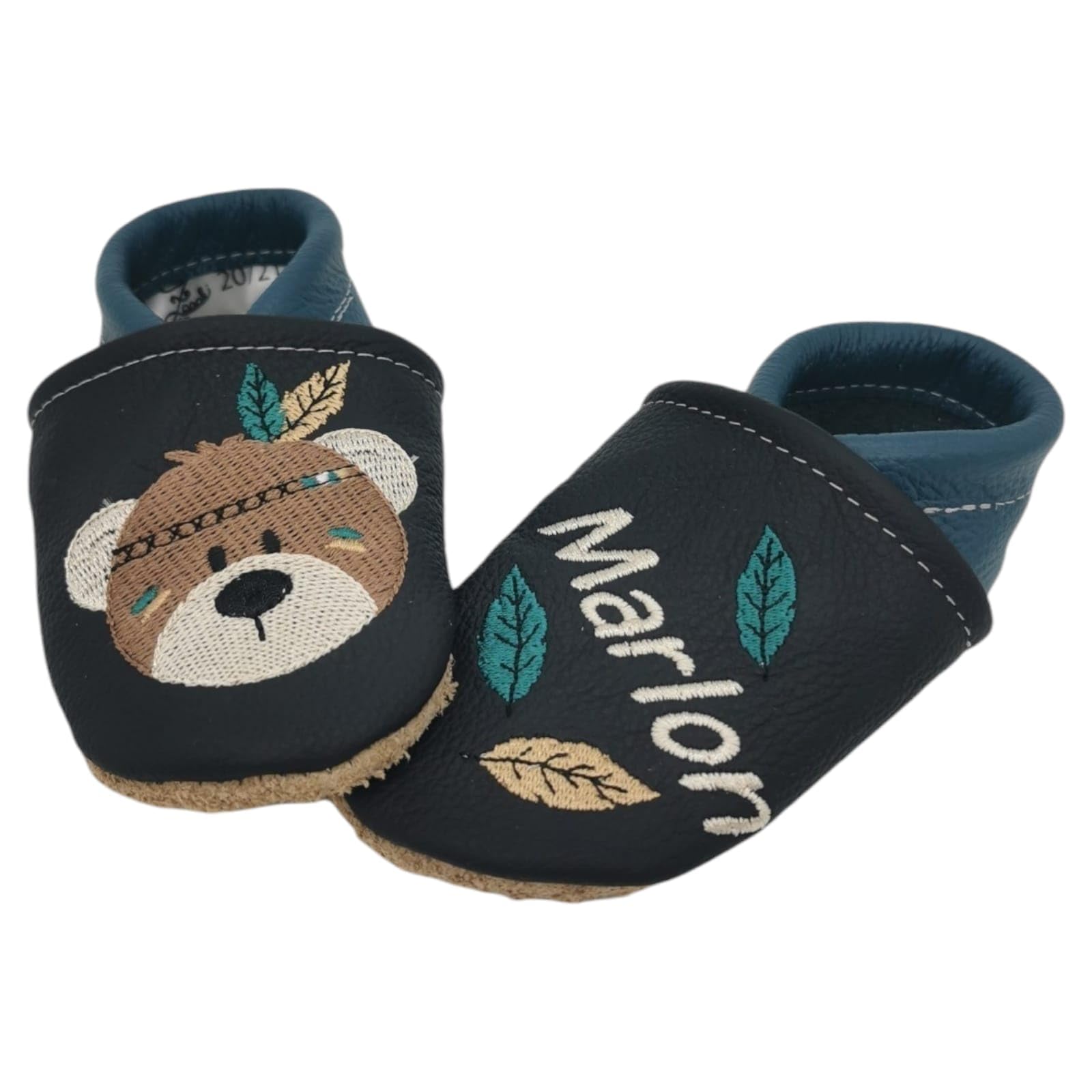 Generisch Zwucki Krabbelschuhe Lauflernschuhe Lederpuschen mit Name Personalisiert Handgemacht Geschenk Geburt Taufe Geburtstag Mädchen Junge Baby Indianer Bär Echtleder