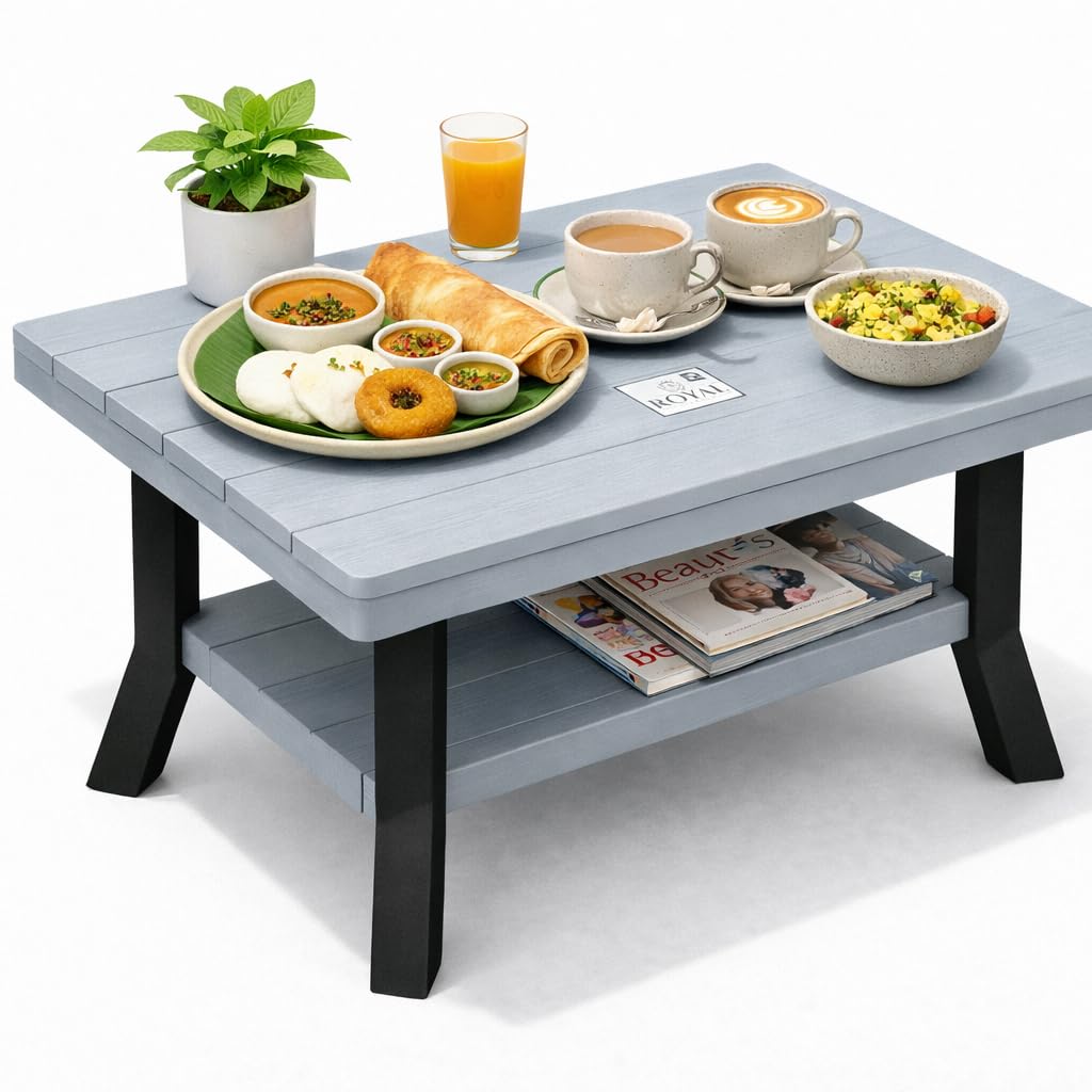Foldable Center Table for Living Room, Multipurpose Coffee Table with Storage Shelf, Lightweight Portable Plastic Table for Home, Bedroom, Balcony & Garden, Modern Design (Ash Grey Black)