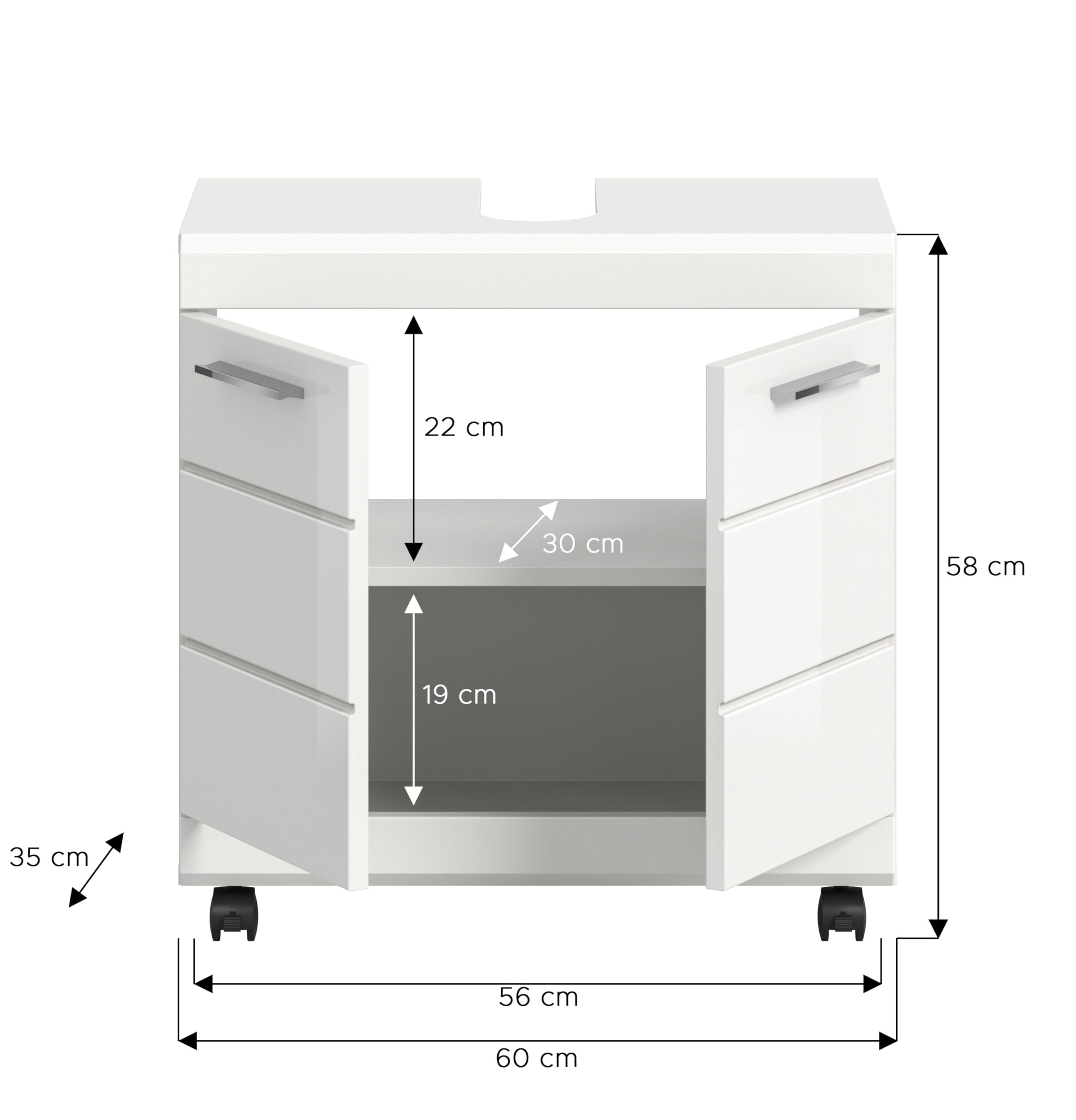 xonox.home – Waschbeckenunterschrank Scout 60x60x34 cm in Weiß Hochglanz – Mobiler Badschrank auf Rollen mit Feststeller – Moderner Unterschrank für eine Elegante & Flexible Badaufbewahrung
