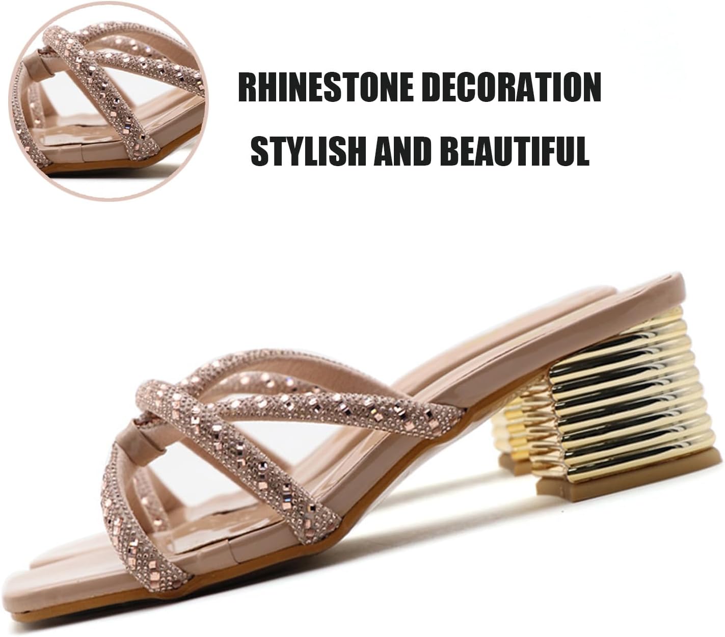 Women's Sexy Strappy Rhinestone Mid Block Heel Slide Sandals Fashion Square Open Toe Chunky Heels Slip on Sandals Summer Formal Dress Party Prom Slippers