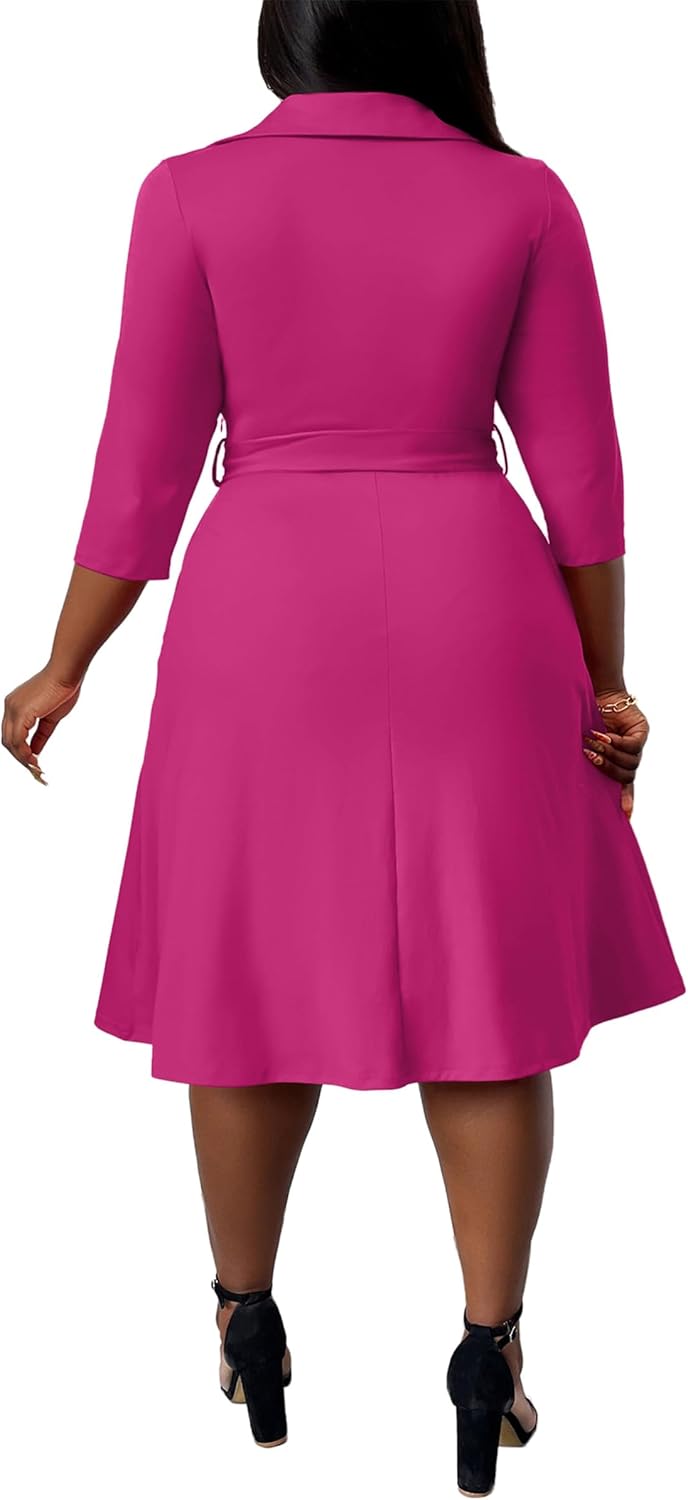 FANDEE Plus Size Midi Dress for Women - Printing Summer Dresses for Wedding Guest Cocktail Party 3/4 Sleeve V Neck(L-5XL) - Image 3