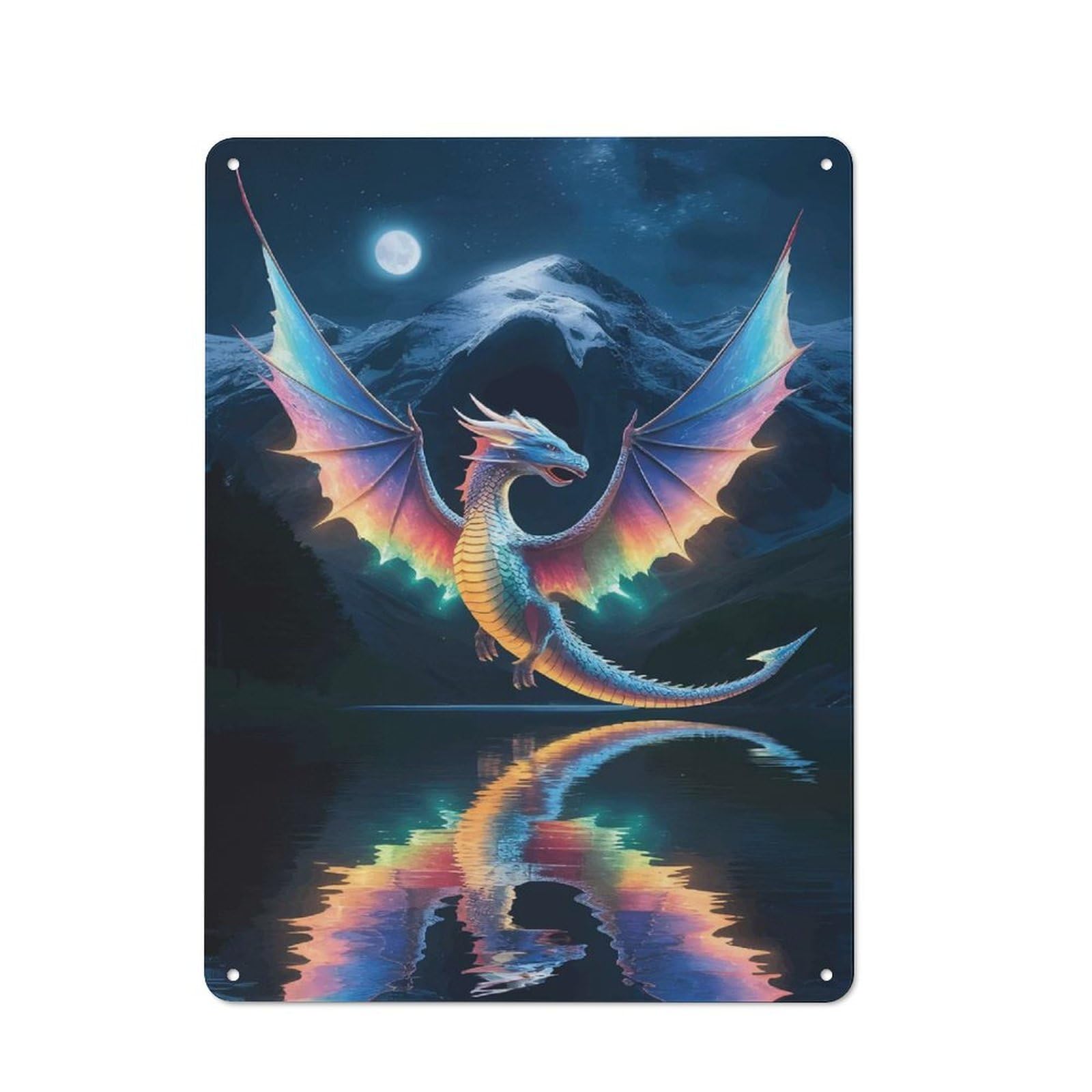 Decorative Tin Sign with Rainbow Dragon Fantasy Art Design 40x30cm, Nostalgic Old Style Wall Plaque for Living Room, Hallway, Kitchen Or Cafe