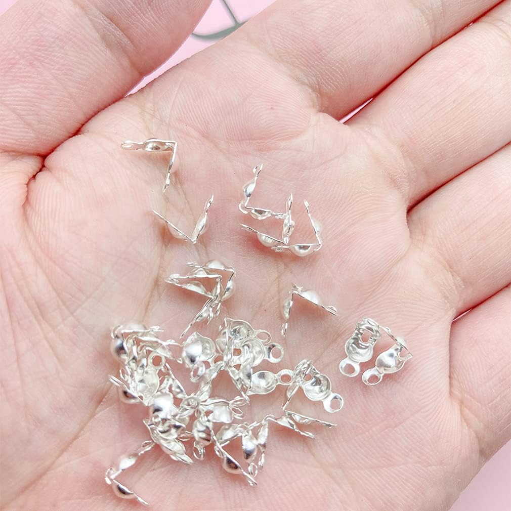 1600Pcs Bead Tips Knot Covers Clamshell Fold-Over Bead Tips Knot Covers Metal Open Bead Tips Knot Covers Iron Clamshells Terminators Wire Crimp End Caps for Jewelry Making Craft DIY (Silver) - Image 3