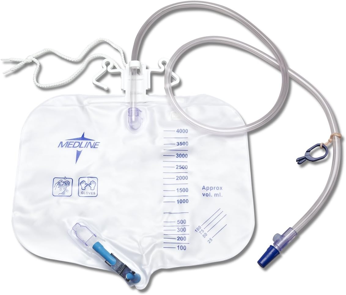 Medline Industries DYND15405 Urinary Drain Bags with Metal Clamp, Anti-Reflux Tower, 4000 mL (Pack of 20)