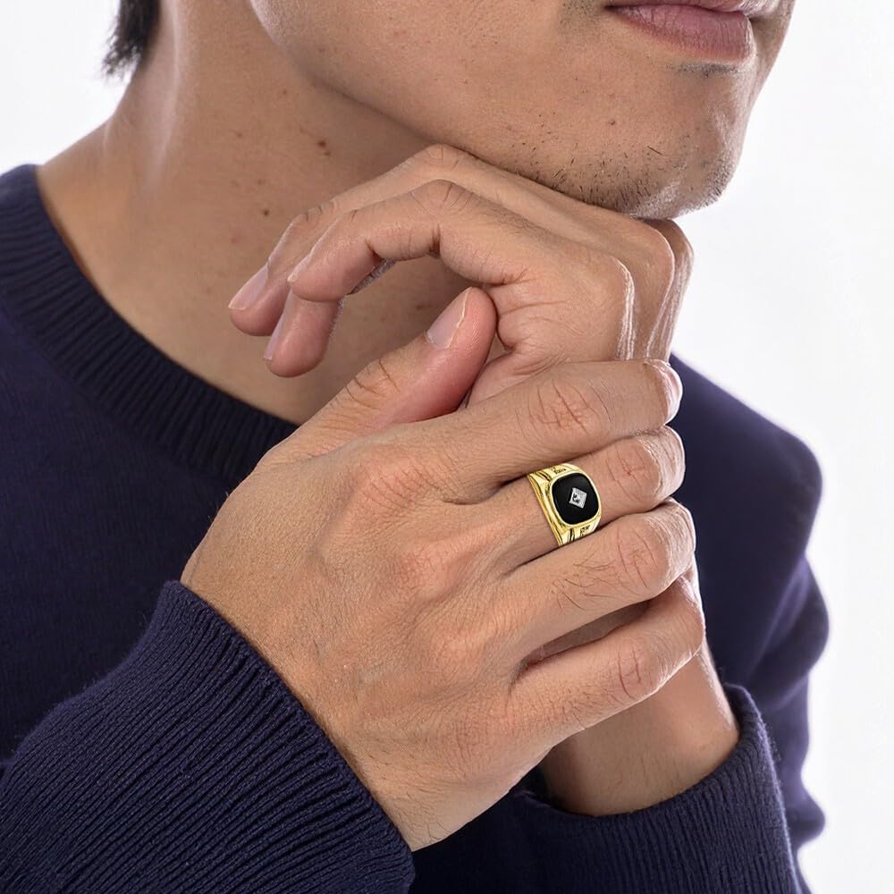 IceCarats 14K Solid Yellow Gold Onyx Diamond Accent Signet Ring 4mm Band Prong Set