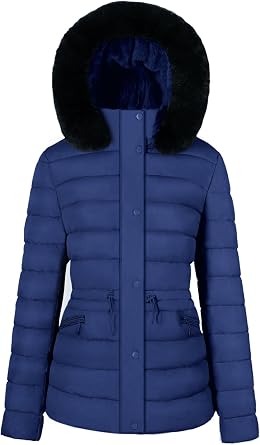 BodiLove Womens Fur Hooded Utility Jacket With Zipper and Flannel Lining Navy S