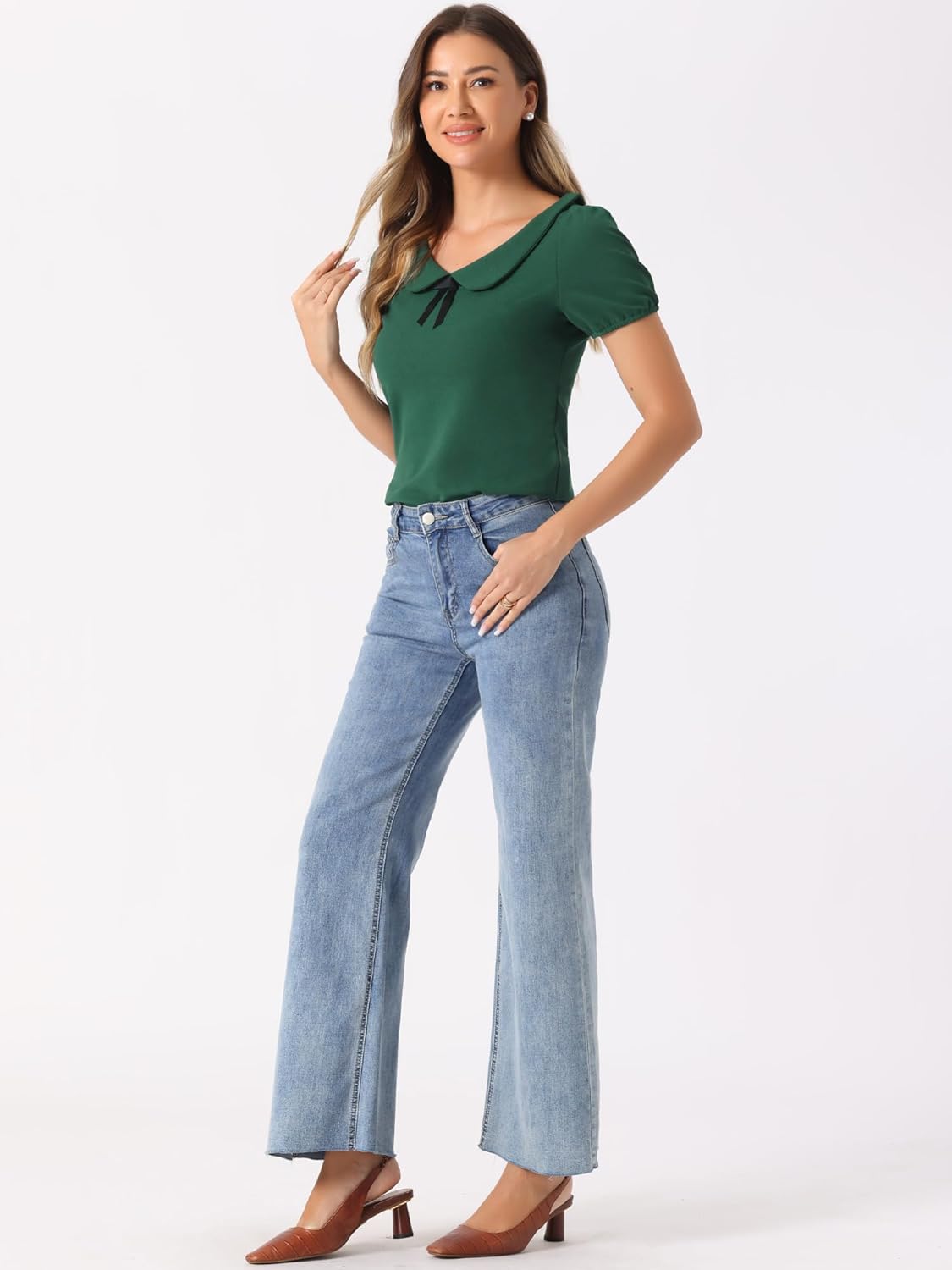 Allegra K Women's Peter Pan Collar Shirt Vintage 1950s Solid Short Sleeve Blouse - Image 2