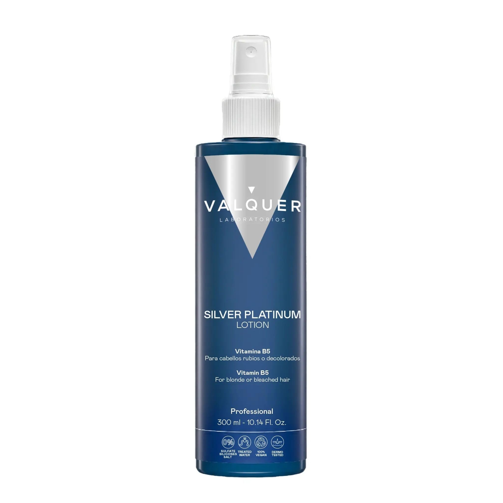 Valquer Loción Capilar Silver Platinum Sin Aclarado para Cabello Rubio o Decolorado. Matizador de Color Amarillento o Anaranjado, Proporciona Brillo y Efecto Acondicionador con Pantenol. 300 ml.
