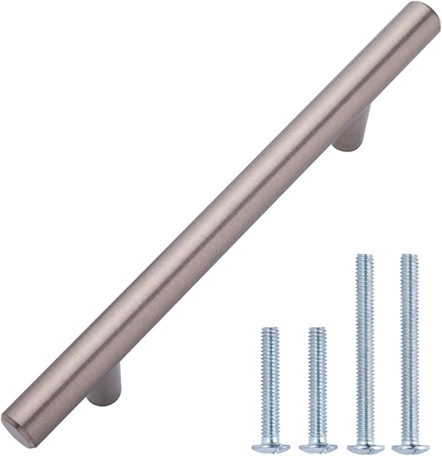 Amazon Basics Euro Bar Cabinet Handle (1/2" Diameter), 6.38" Length (4" Hole Center), Satin Nickel, 10-Pack