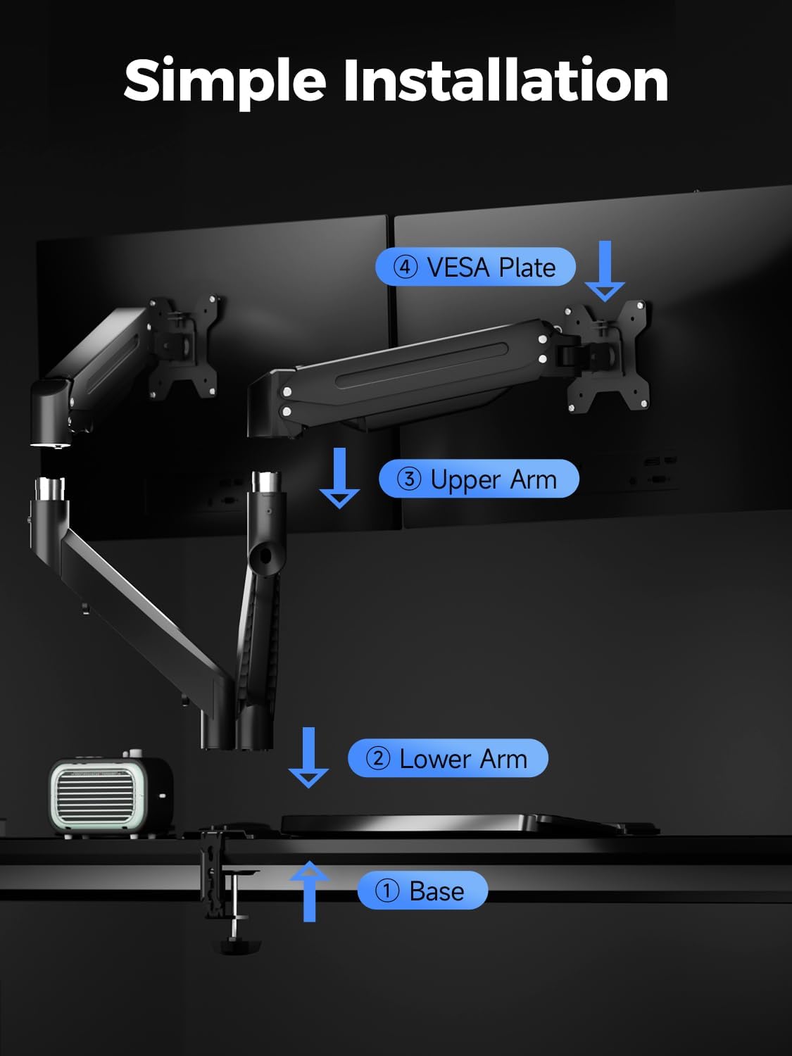 Suptek Dual Monitor Mount Stand-Height Adjustable Gas Spring Monitor Arm Desk Mount for 2 Computer Screens 17 to 35 inches - Each Arm Holds up to 24.25lbs,Black(MD8SP)