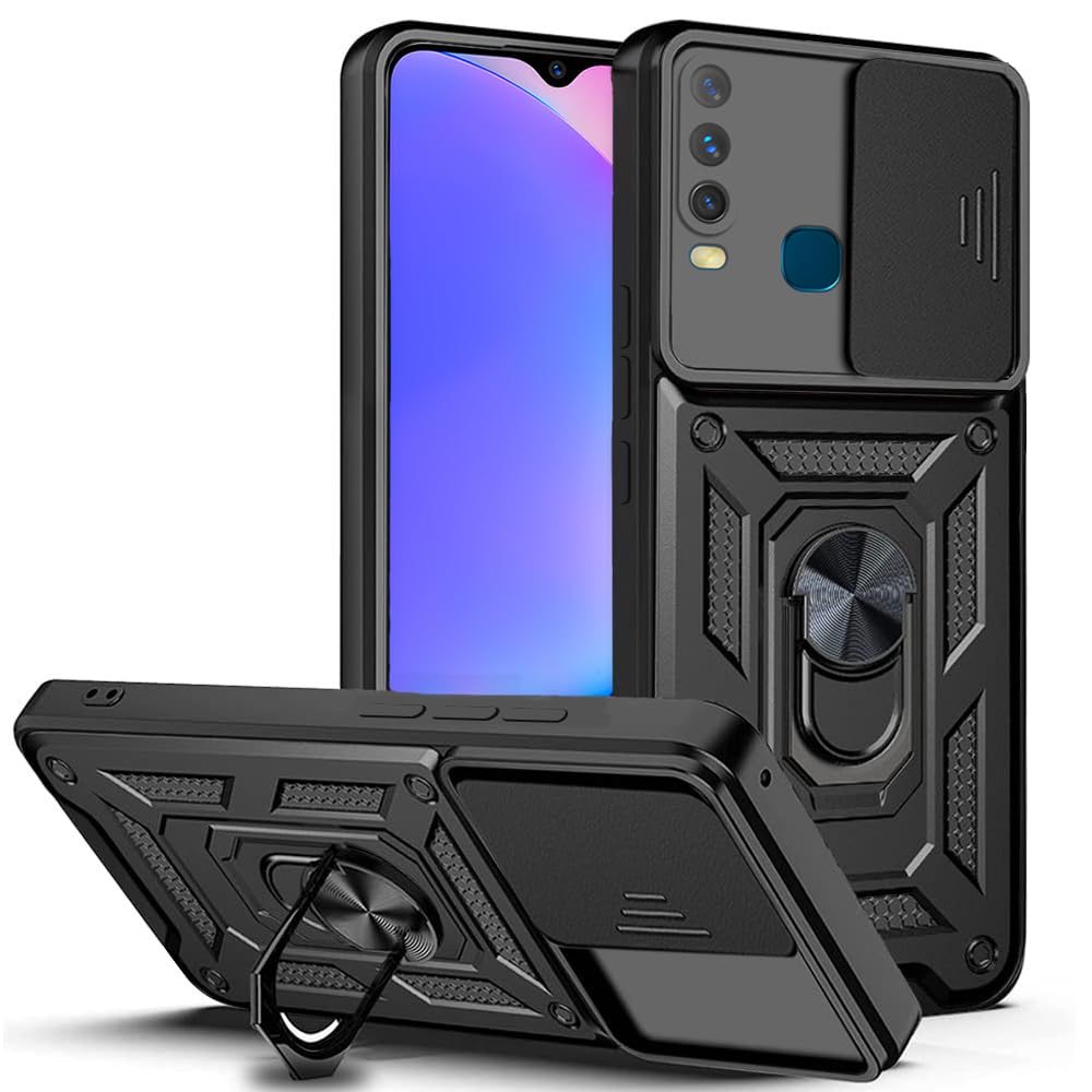 AESTMO Tough Armor Vivo Y17 / Y15 / Y12 Bumper Back Case Cover | Ring Holder & Sliding Camera Shield Cover | 360 Degree Protection Back Case Cover for Vivo Y17 / Y15 / Y12 (Black)
