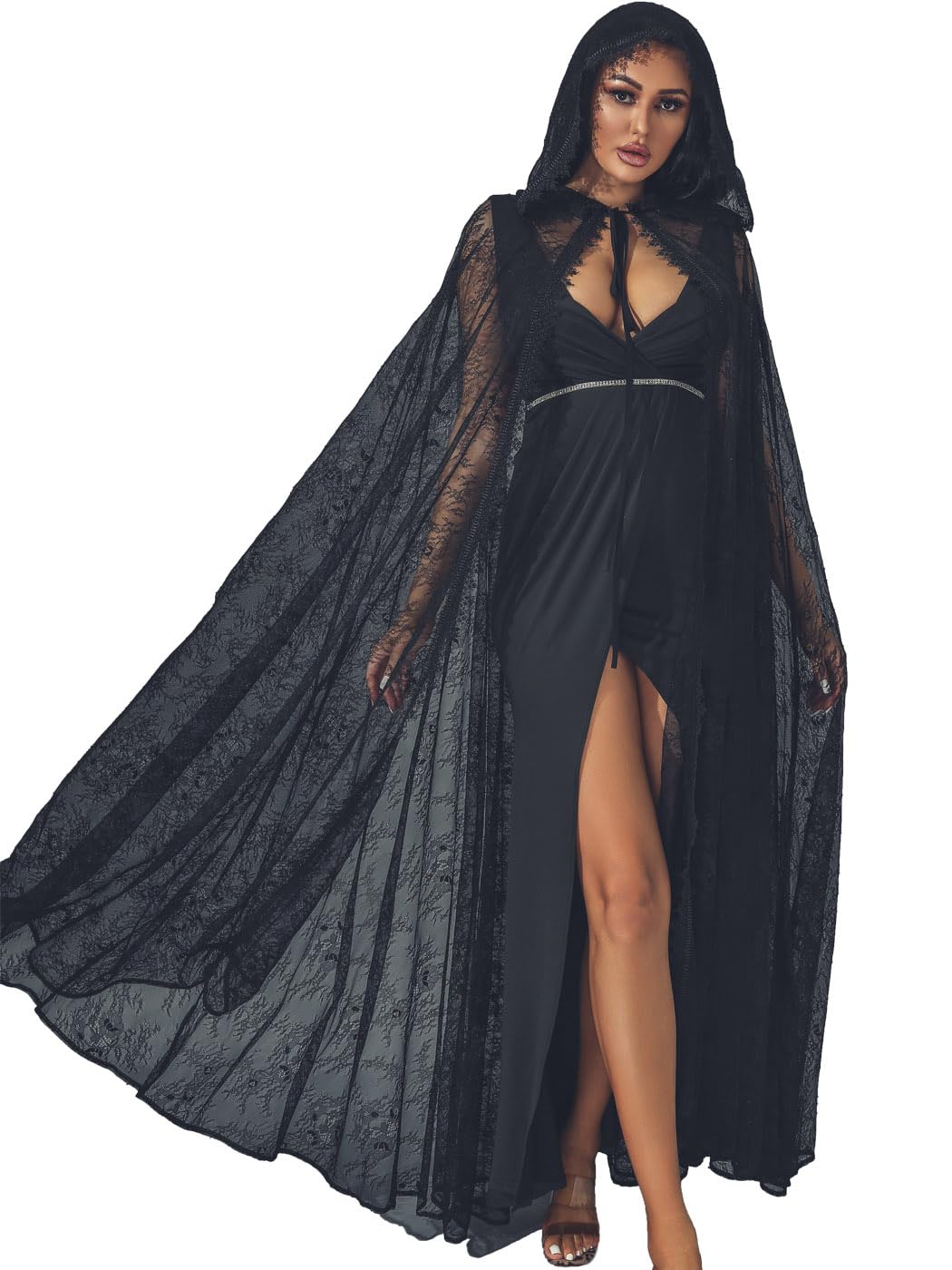 Atigy Black Lace Halloween Cloak Long Hooded Cape Halloween Costume Vampire Cloak for Women