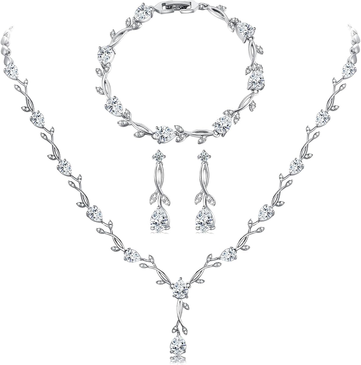 Wedding Silver Jewelry Set for Women Cubic Zirconia Necklace Earrings Bracelet Sets for Bride Wedding Costume Jewelry for Bridesmaid