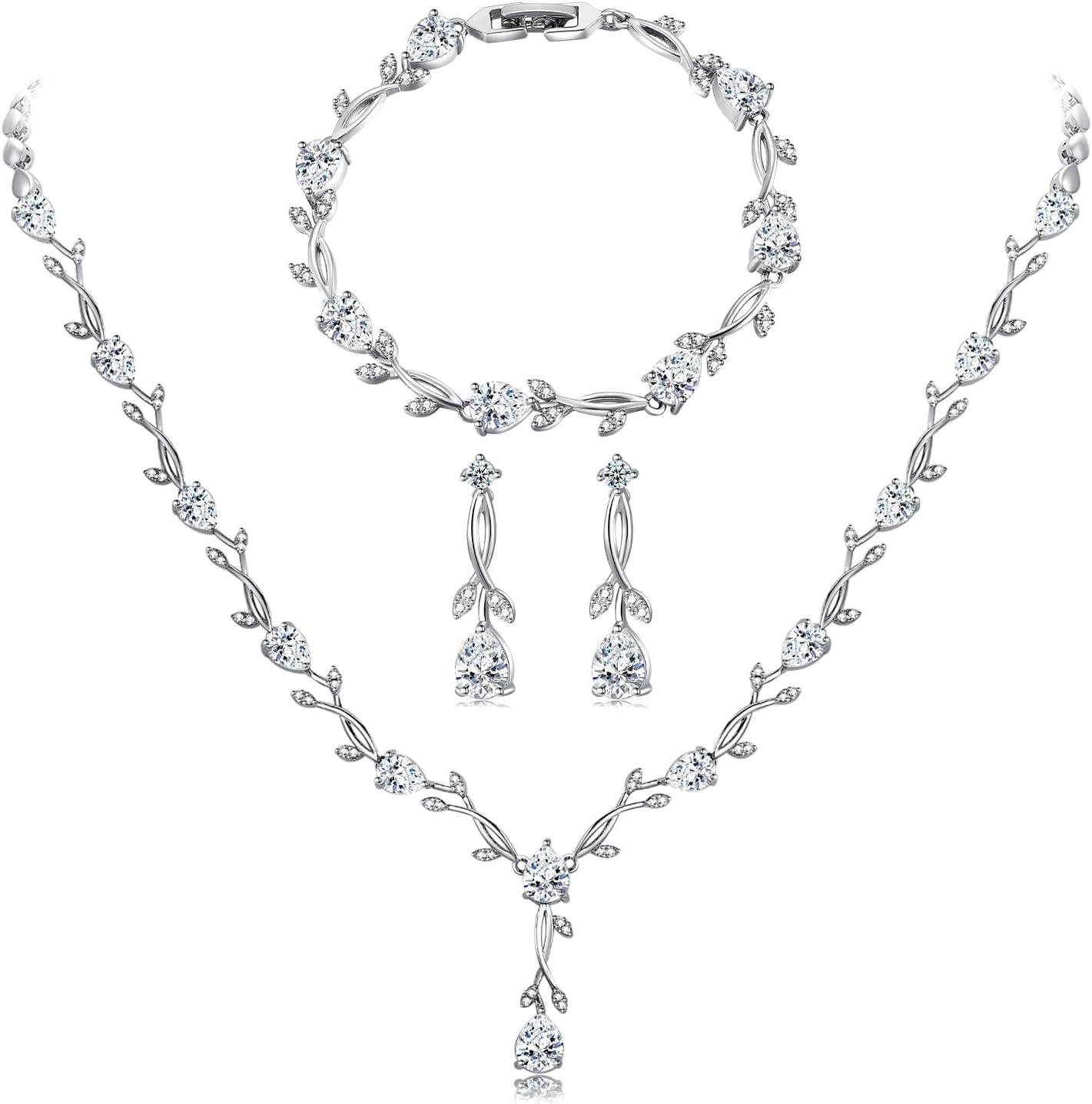 Wedding Silver Jewelry Set for Women Cubic Zirconia Necklace Earrings Bracelet Sets for Bride Wedding Costume Jewelry for Bridesmaid Wedding Silver Jewelry Set for Women Cubic Zirconia Necklace Earrings Bracelet Sets for Bride Wedding Costume Jewelry for Bridesmaid