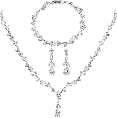 Wedding Silver Jewelry Set for Women Cubic Zirconia Necklace Earrings Bracelet Sets for Bride Wedding Costume Jewelry for Bridesmaid