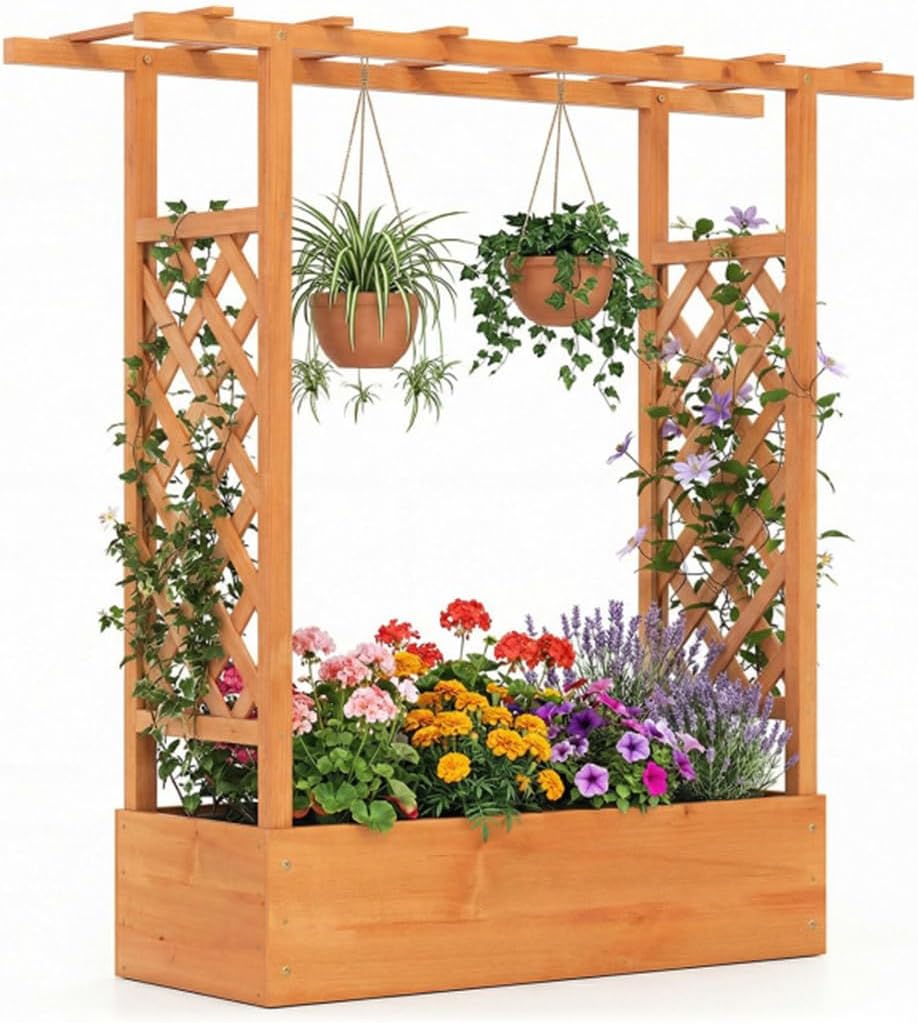 Fir Wood Raised Garden Bed with Side Trellis, 43" x 14" x 45" Planter Box with Drainage Holes,Multiple Planting Choices for Cultivating Various Plants-Orange Color