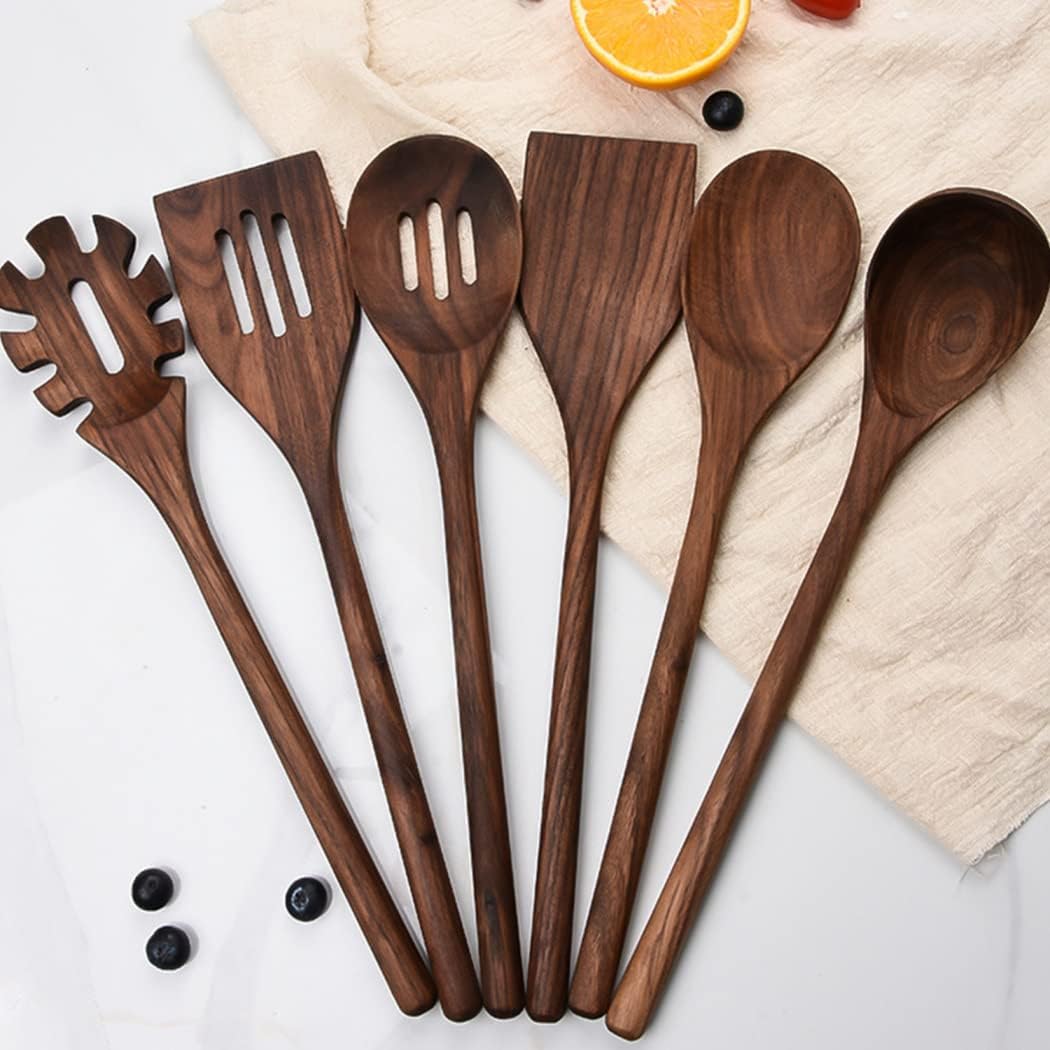 6 Pcs Black Walnut Kitchen Utensils Set,Handmade Natural Walnut Cooking Tools for Non-stick Serve Cookware with soup ladle Spatula Slotted Spatula Solid Spoon Slotted Spoon Spaghetti Server