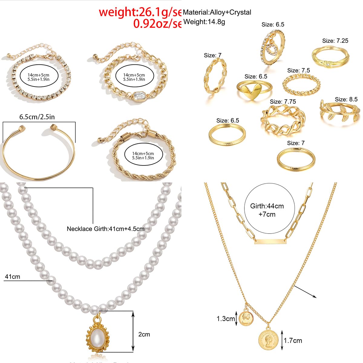 73 Pcs Gold Jewelry Set with 6Pcs Layered Necklace, 11 Pcs anklet and 7Pcs Earring Ear Cuff,12Hoop Earrings ,15pcs Rings,21pcs stud earrings Jewerly set for Women Pack for Friendship Party Gift