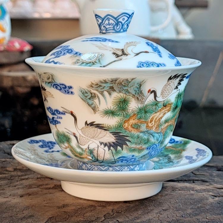 鶴琺瑯彩三才蓋碗 中国茶器 景徳鎮 蓋付き茶器 飲茶食器 ホーム