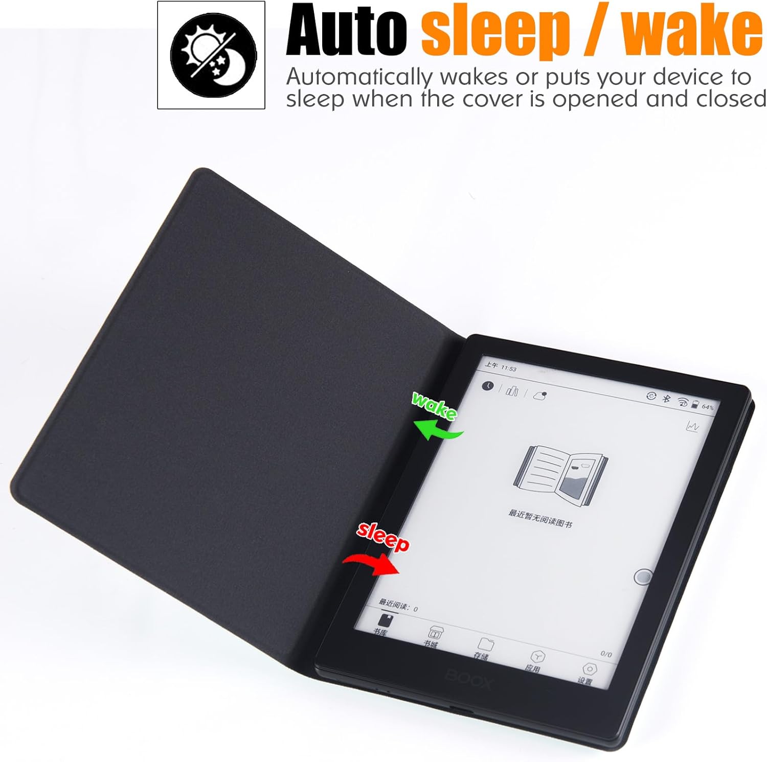 Diagram showing the auto sleep/wake function of the case, with arrows indicating 'wake' when opened and 'sleep' when closed.