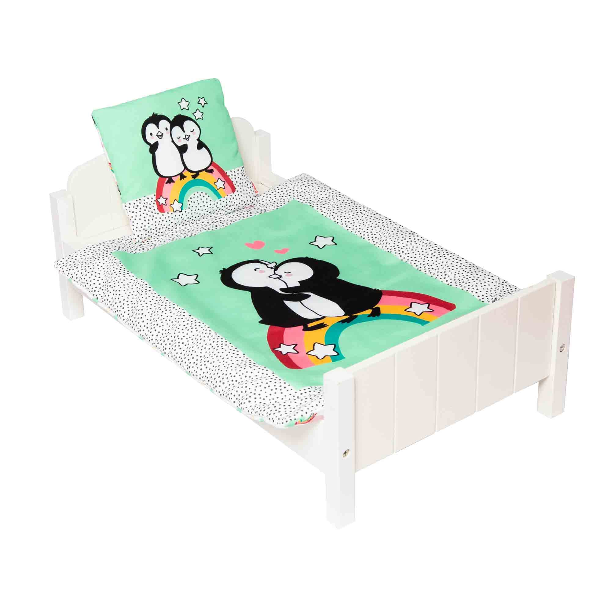 Heless 1000 – Piumone Reversibile per Bambole con Cuscino a Pois Pinguino, per Dolci Sogni delle Bambole