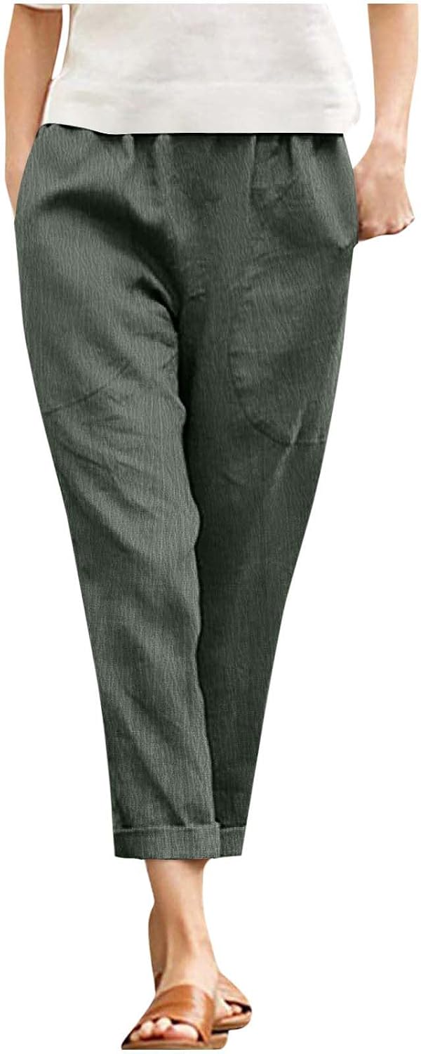 Women's Straight Leg Casual Pants Summer Lightweight Elastic High Waist Lounge Beach Palazzo Trousers with Pockets