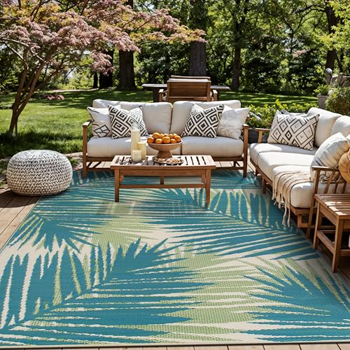 Rugshop Tropical Floral Reversible Crease-Free Waterproof Premium Recycled Plastic Outdoor Rugs for...